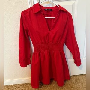 Zara Red Poplin Collared Mini Dress